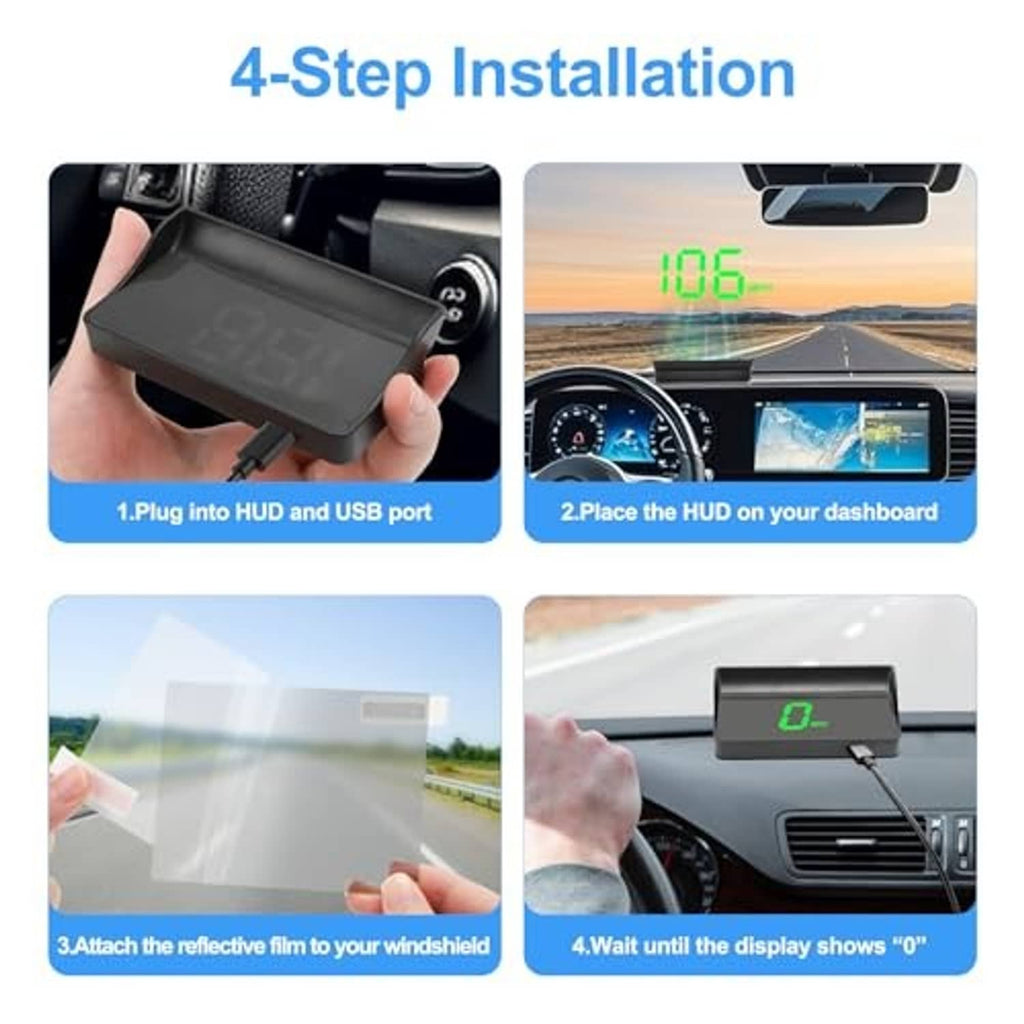 HUD display installation steps showing handheld device and dashboard placement