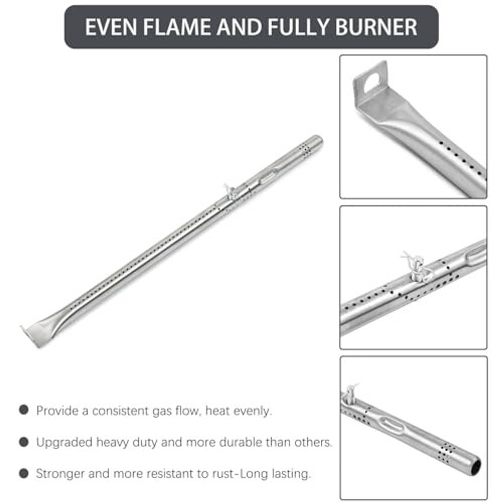 Stainless steel grill burner tube with perforations for even flame and full burn