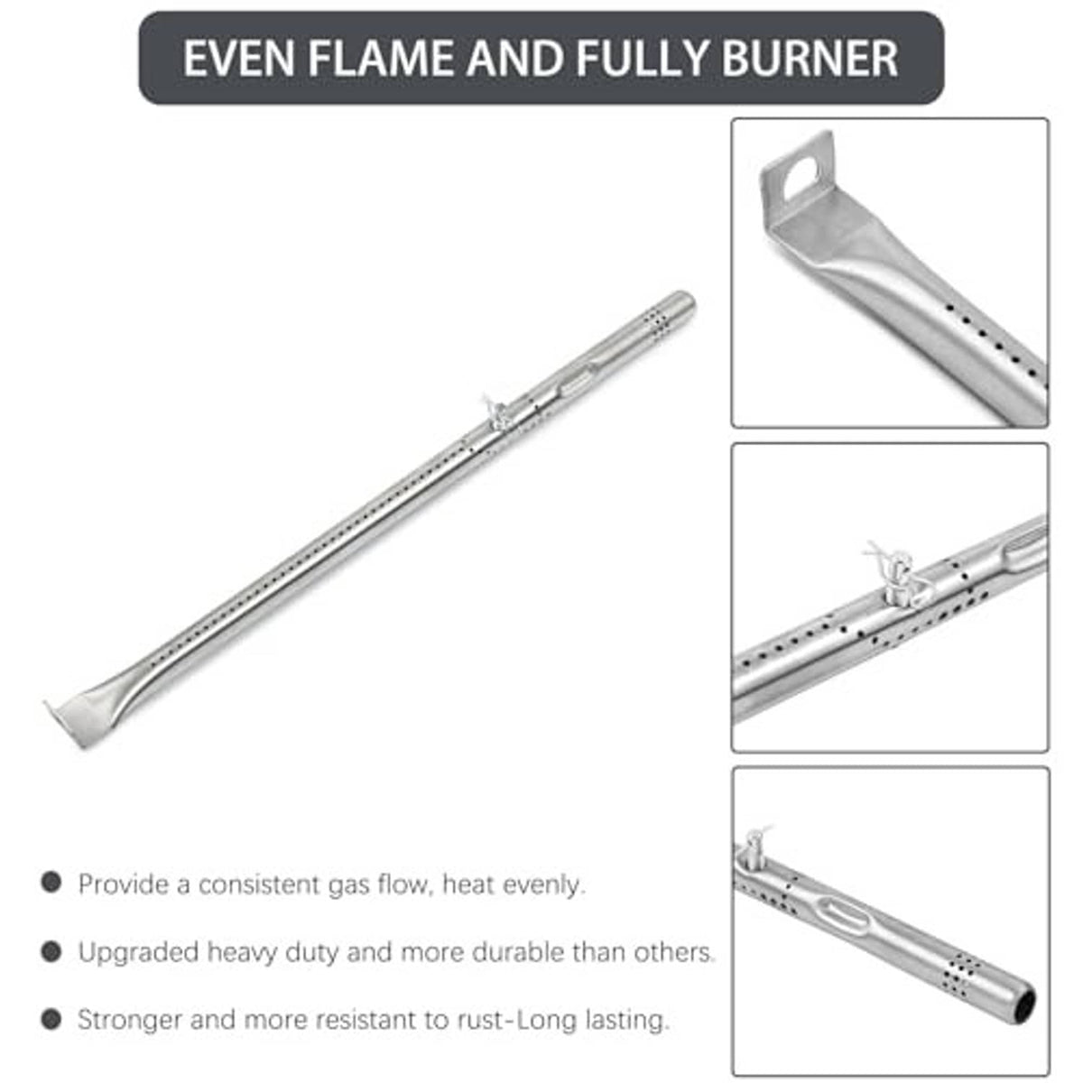 Stainless steel grill burner tube with perforations for even flame and full burn