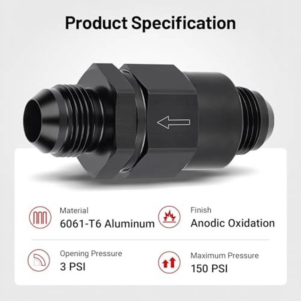 Black 10AN male one-way check valve fitting, hex collar, dual threaded ports