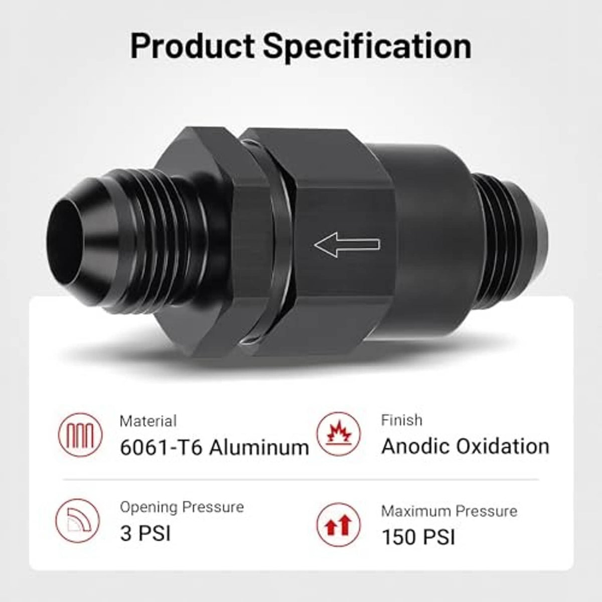 Black 10AN male one-way check valve fitting, hex collar, dual threaded ports