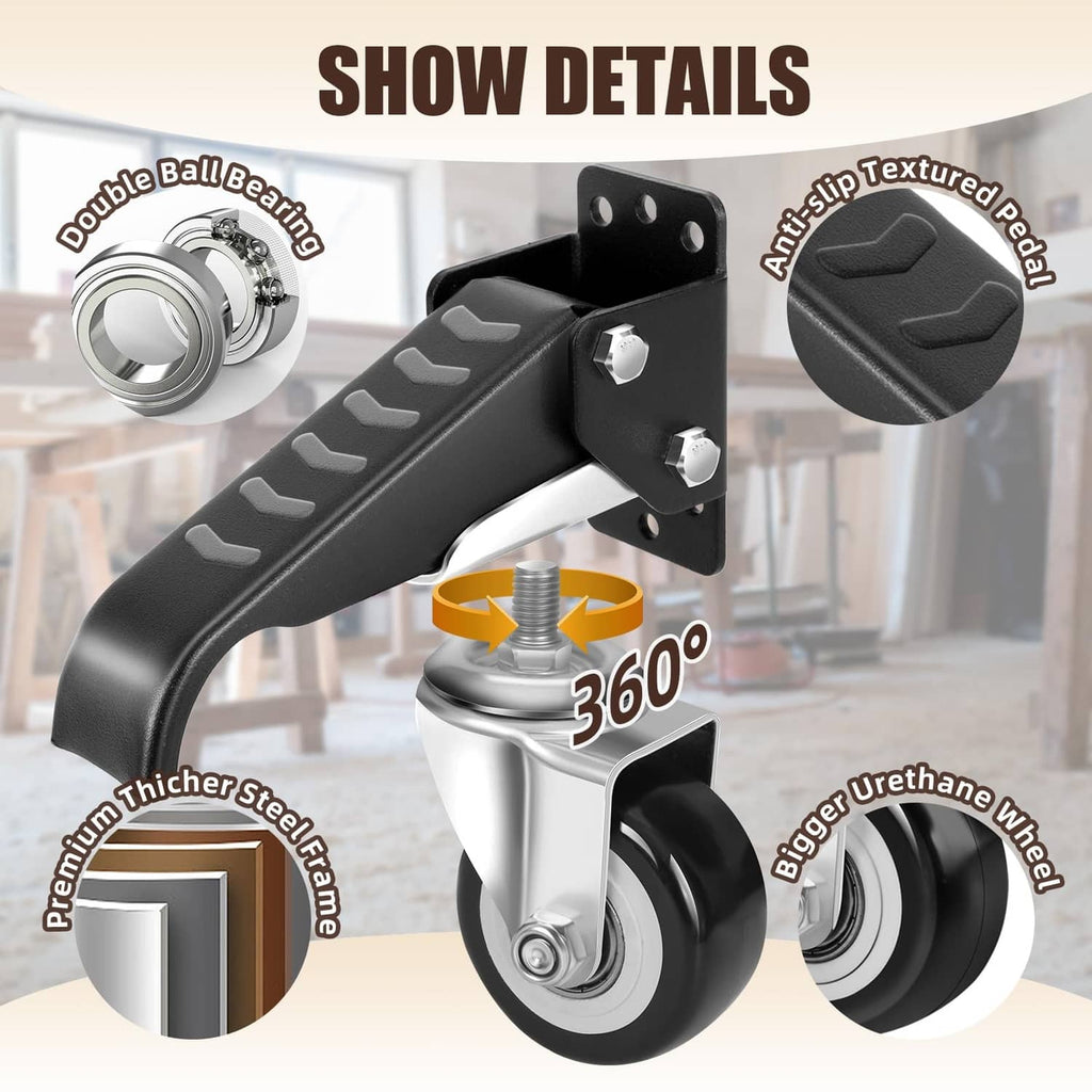 Black quick-release caster with textured pedal and urethane wheel, 360° swivel.