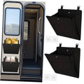 Foldable black wall-mounted shoe organizer rack with two fabric pockets and hanging tabs