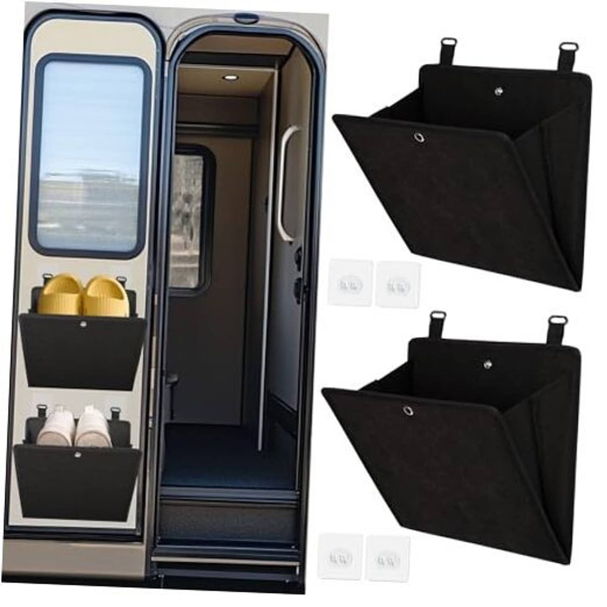 Foldable black wall-mounted shoe organizer rack with two fabric pockets and hanging tabs