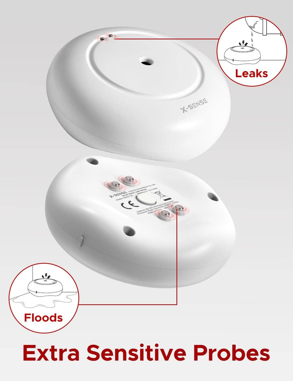 White X-Sense water leak detector, extra sensitive probes, front and underside shown