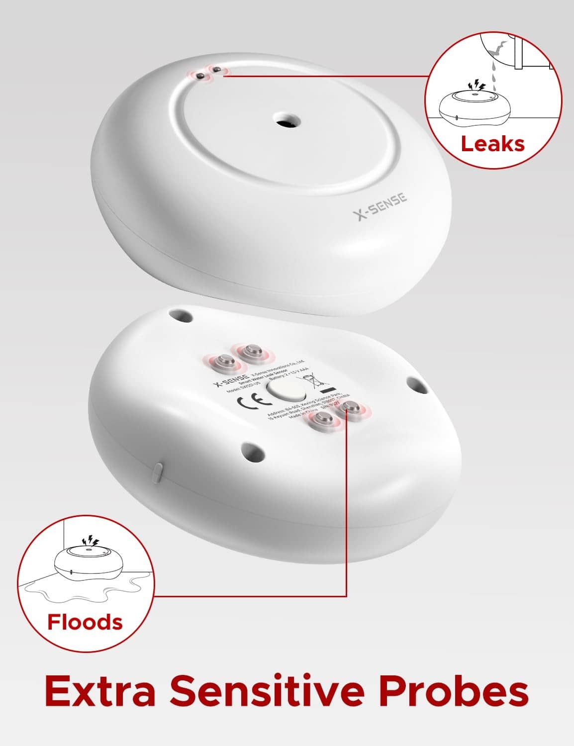 White X-Sense water leak detector, extra sensitive probes, front and underside shown