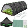 Garden shade cloth with hoops, dark gray fabric cover with green clips and curved metal frame