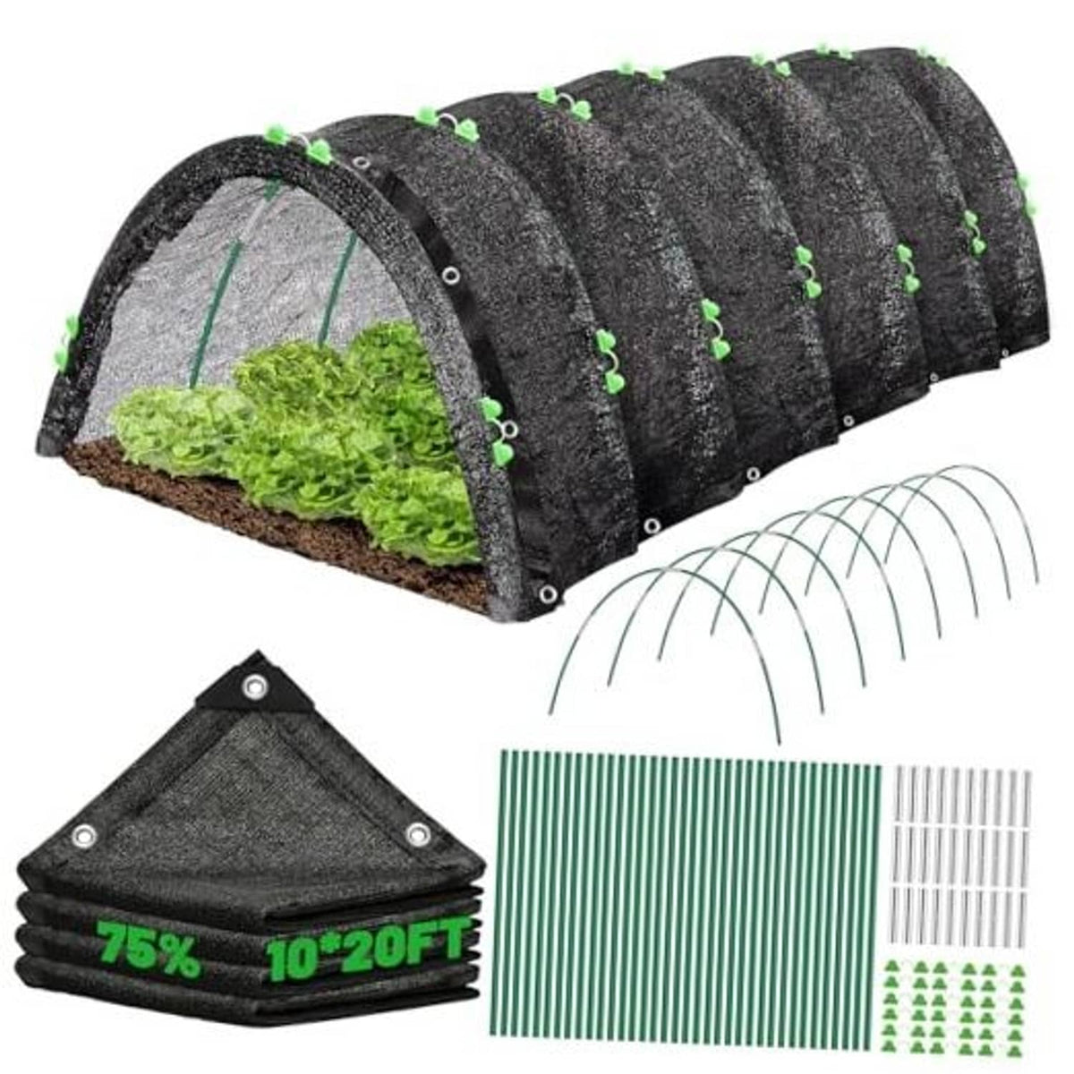 Garden shade cloth with hoops, dark gray fabric cover with green clips and curved metal frame