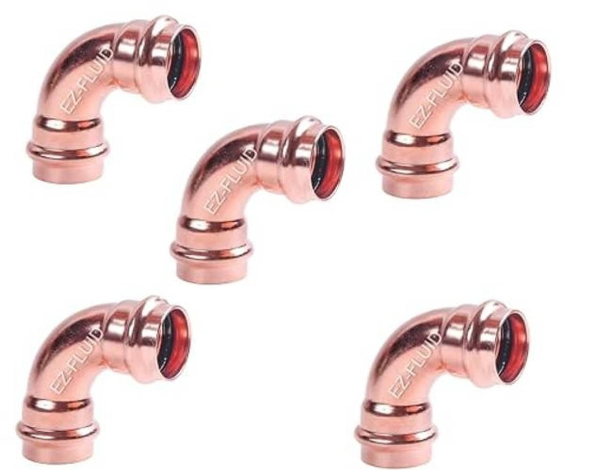 Copper 90-degree press elbow fittings, 1 in, heavy-duty, LF copper, several