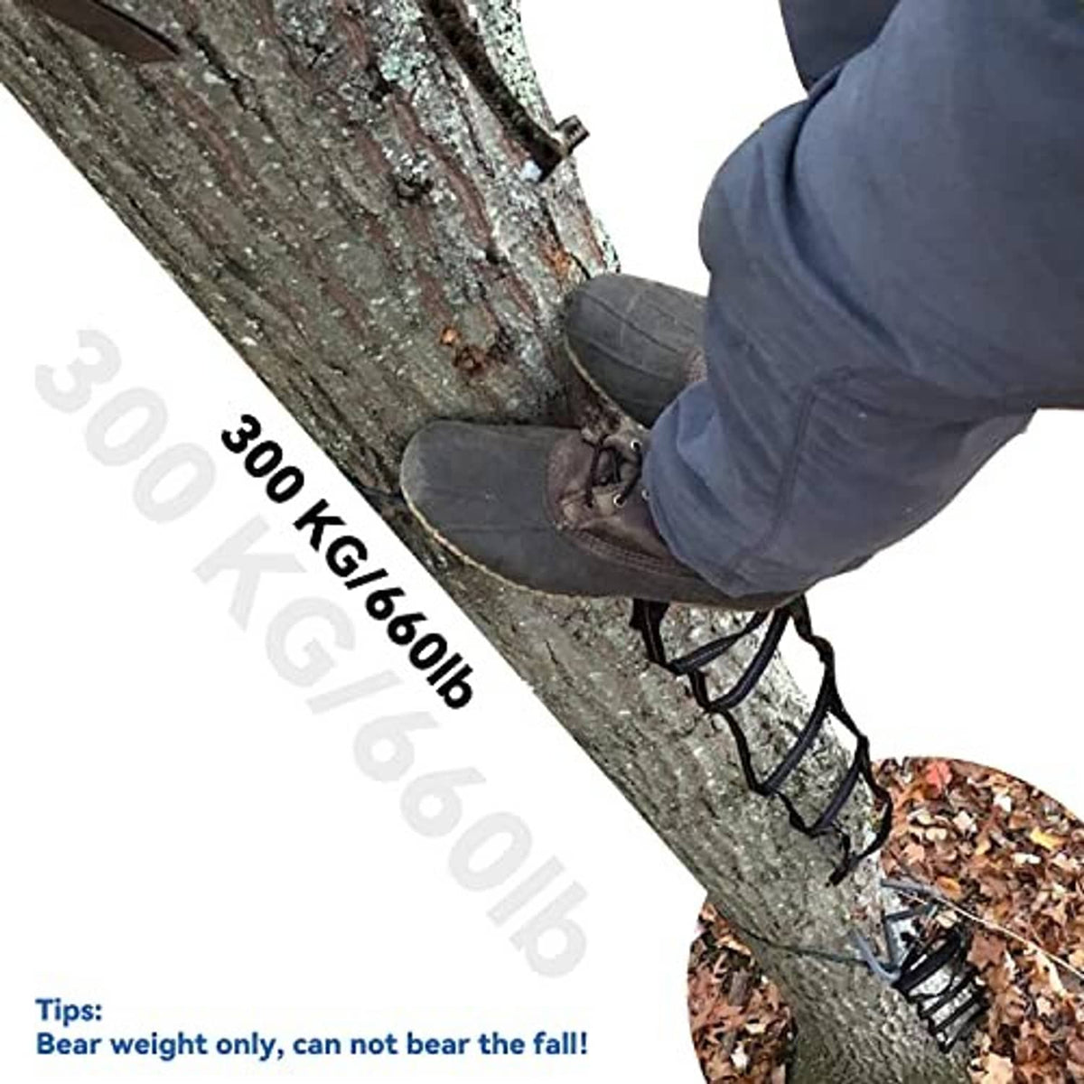 Rope ladder tree steps with black webbing loops attached near a boot on bark