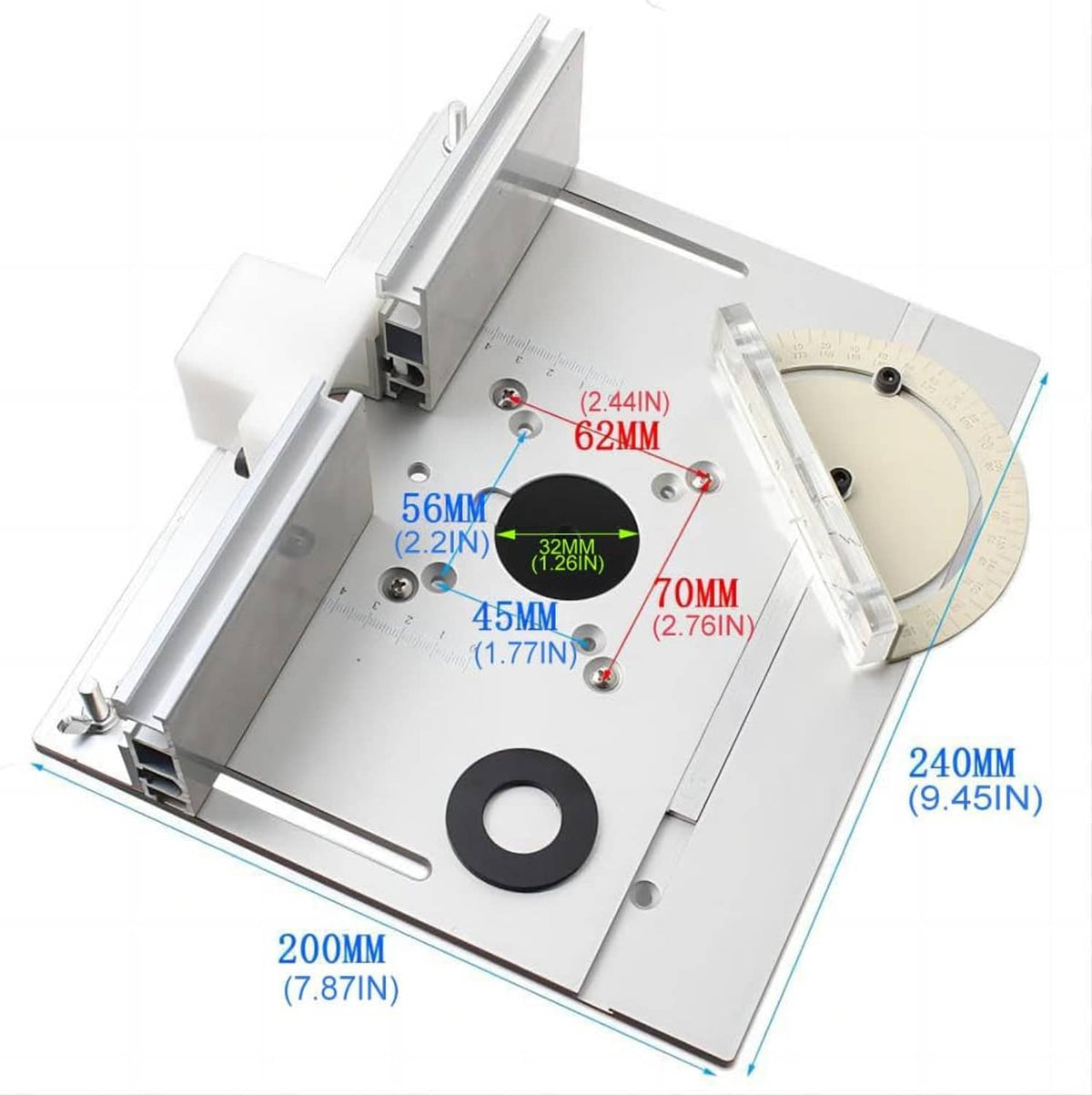 Aluminum router table insert plate with fence and measurement layout markings
