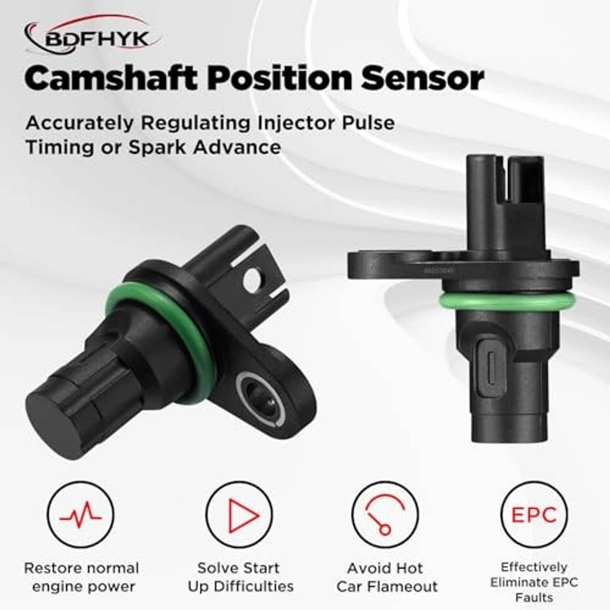 Camshaft position sensor pair, black housings with green O-ring seals and connector ends