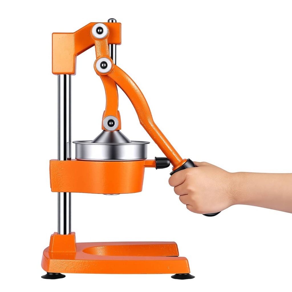 Manual hand citrus juicer with orange press lever and metal squeezer cup