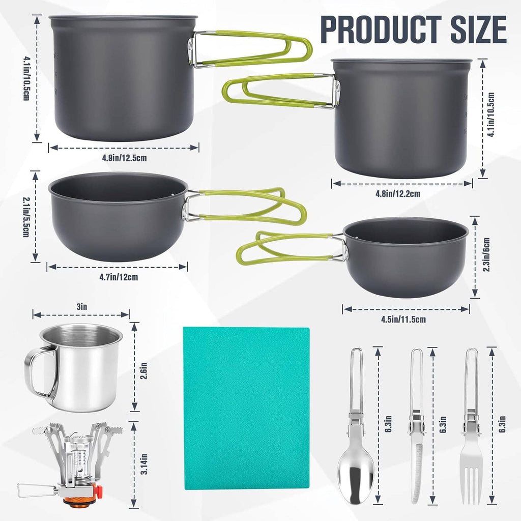 Set of black and stainless camping pots with green handles, utensils, and measurement diagram