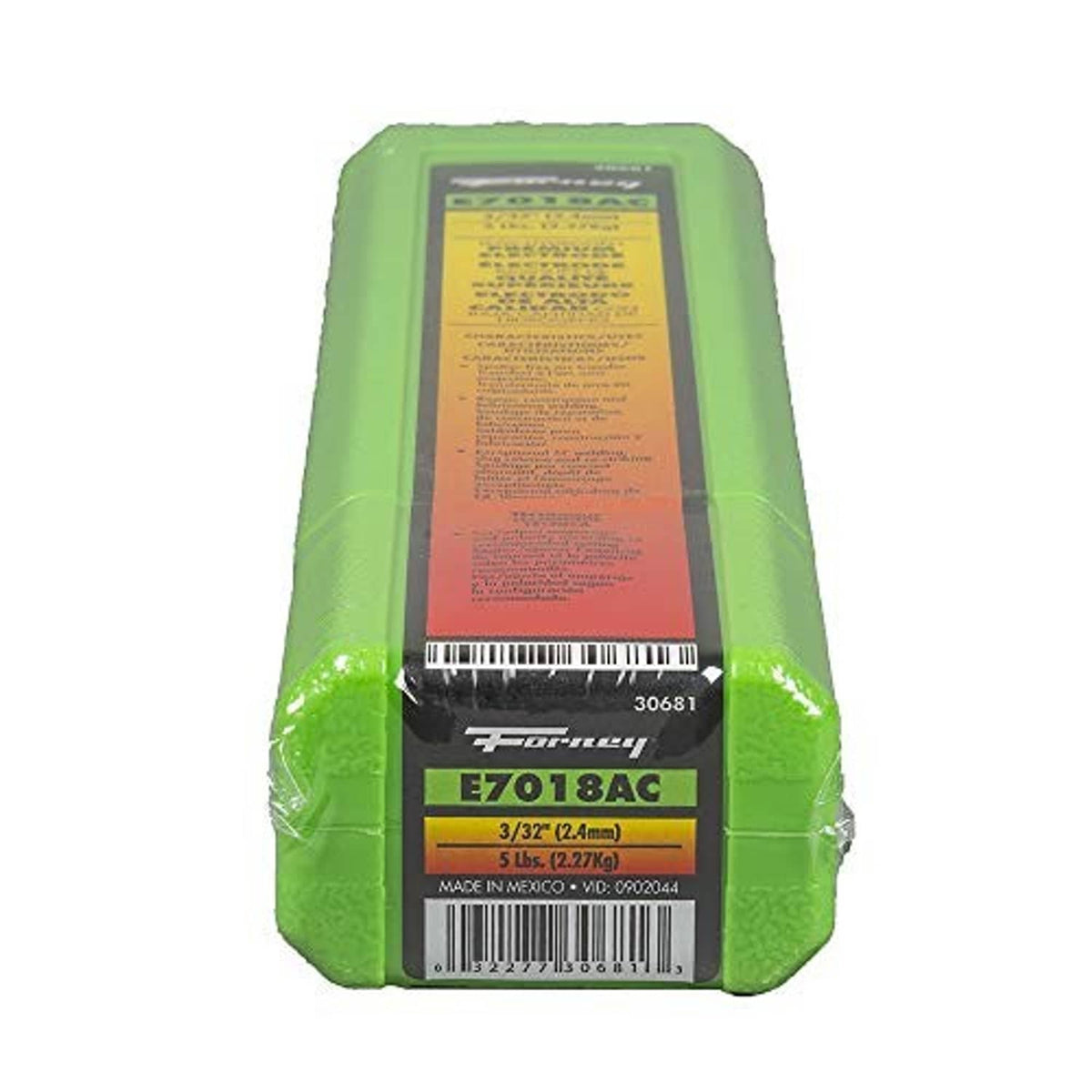 Green 1 lb E7018AC welding rod canister with barcode and front label