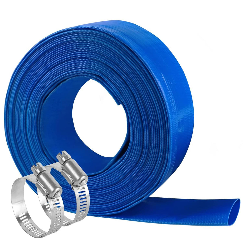 Blue pool backwash hose roll with silver hose clamps and extended tube
