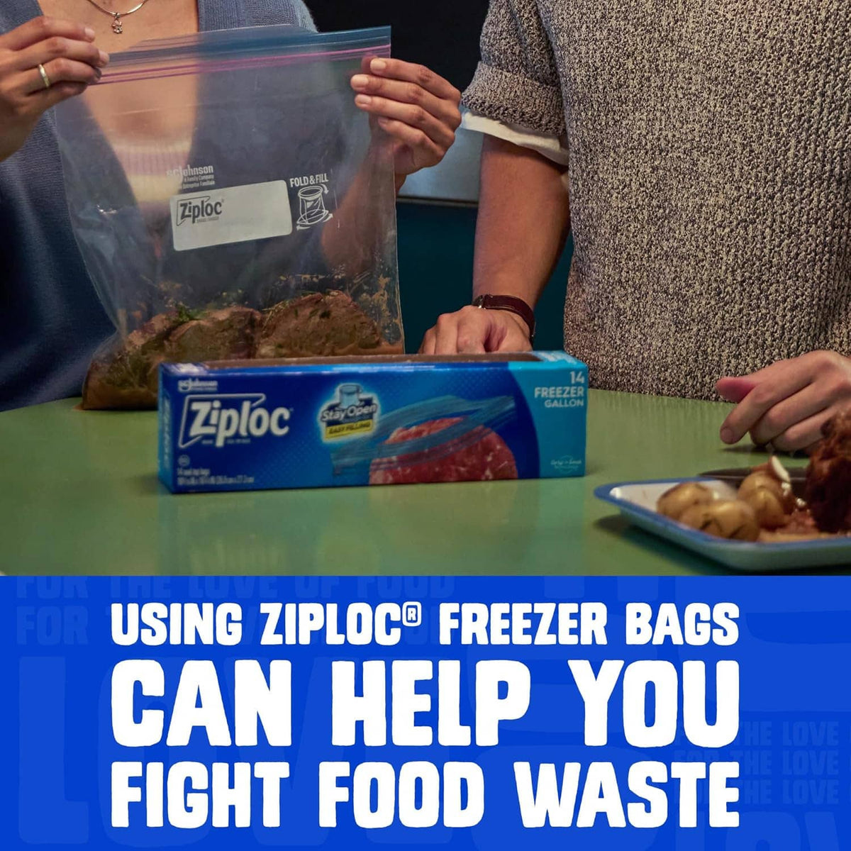Clear gallon freezer bags with zipper closure, used to store food on a kitchen counter