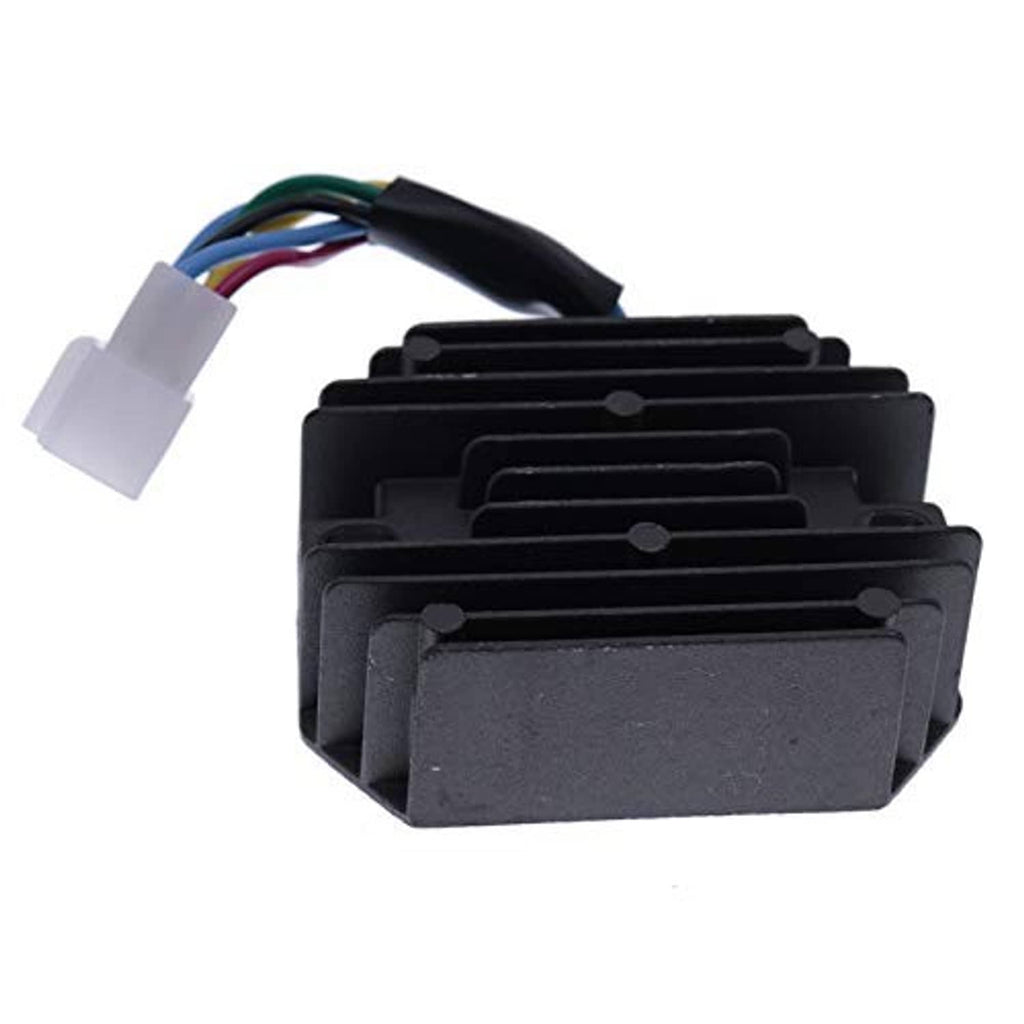 Voltage regulator rectifier module with black heatsink face, side fins, and white wiring plug