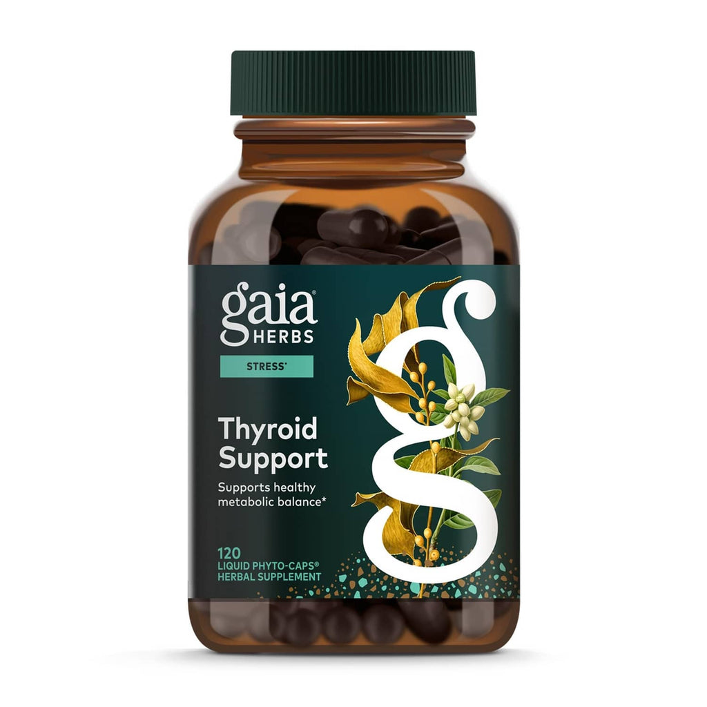 Gaia Herbs Thyroid Support bottle with green cap, showing dark liquid phyto-caps