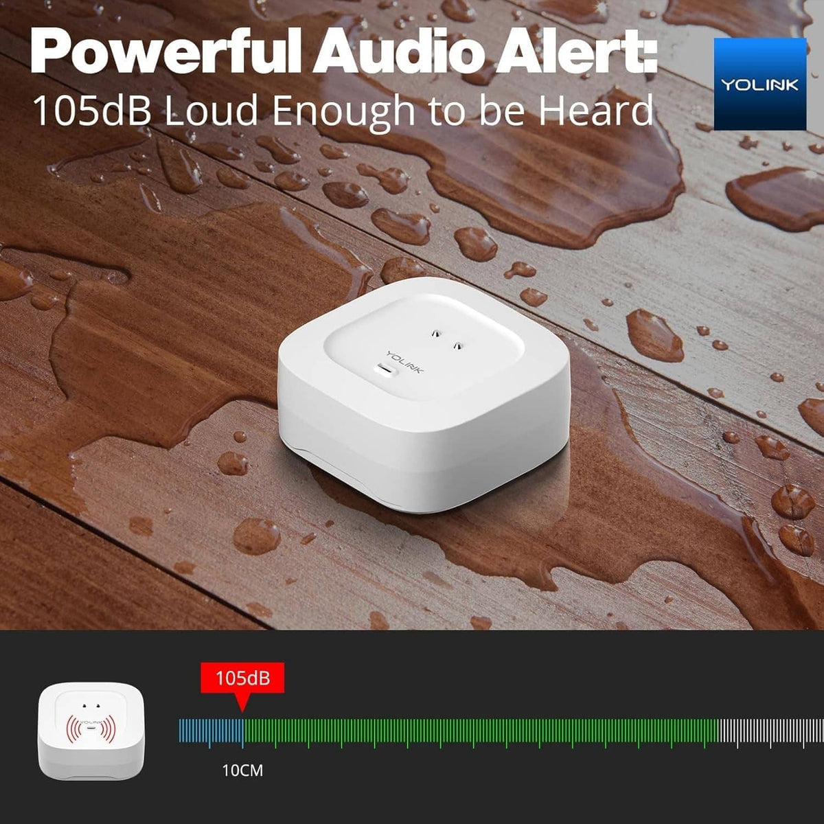 White water leak sensor 4 on wood with water droplets, 105 dB audio alert