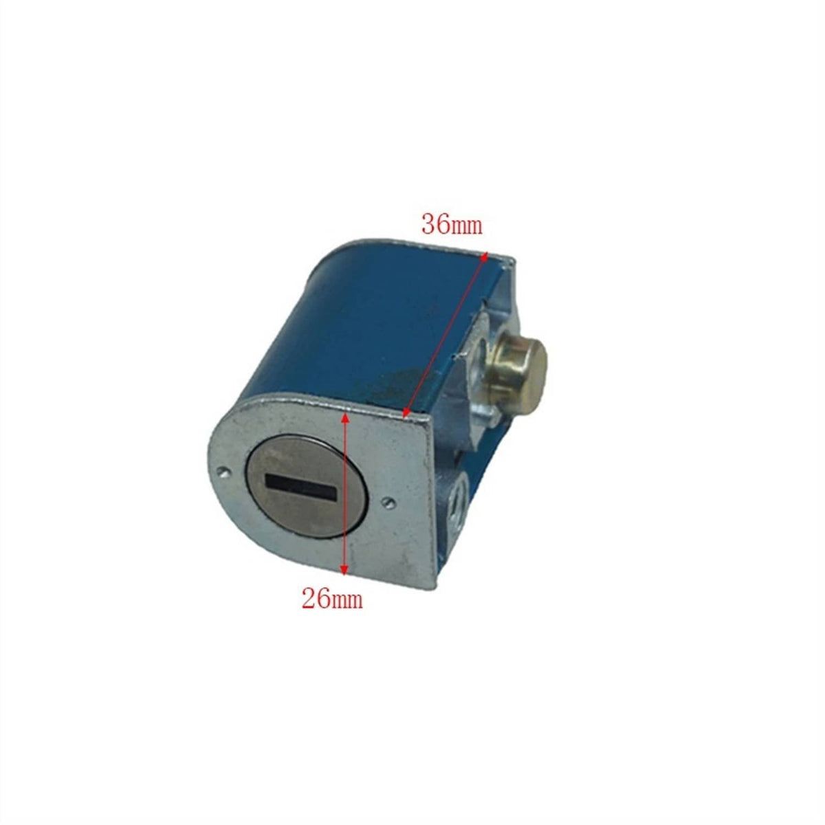 Blue metal lock cylinder with key, marked 36mm and 26mm dimensions