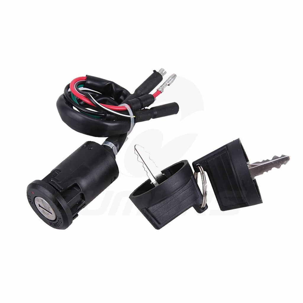 Ignition key switch with keys and black wiring harness with bundled colored wires
