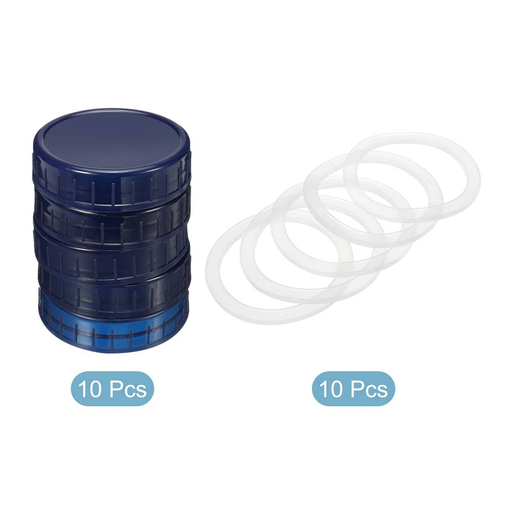 Sapphire blue plastic mason jar lids stacked, with matching white silicone sealing rings
