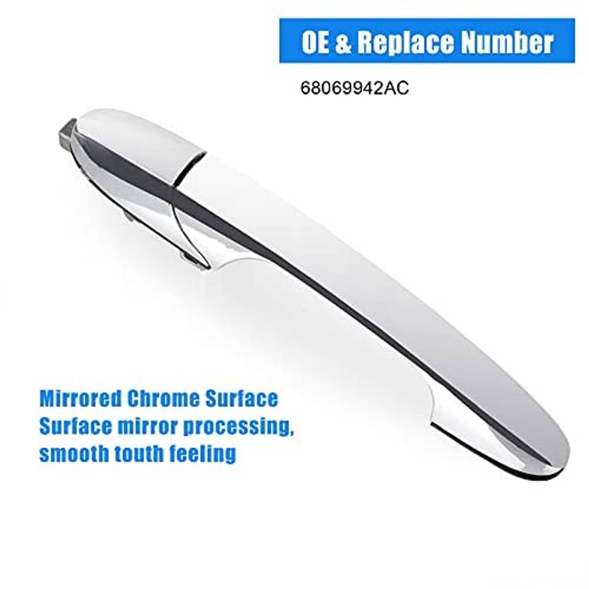 Mirrored chrome exterior door handle for right passenger side, streamlined elongated shape