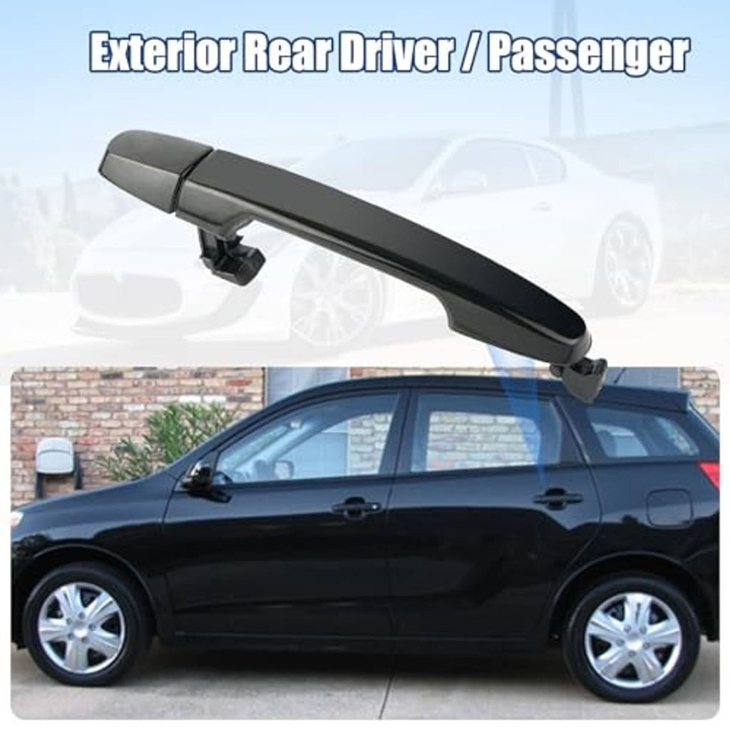 Rear exterior door handle installed on a dark vehicle door, outside driver/passenger