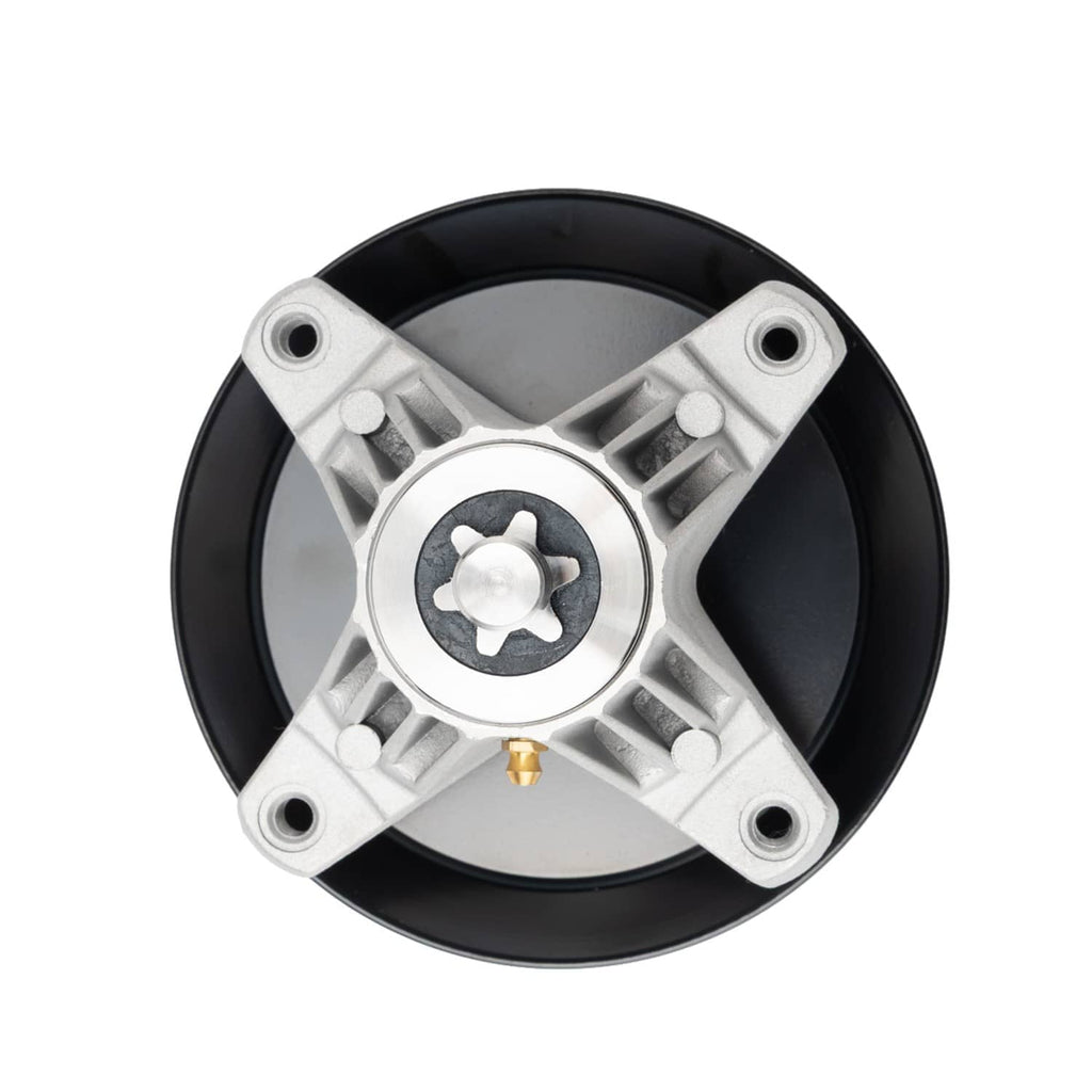 Mower spindle assembly front view: silver star hub, black pulley rim, and center spline