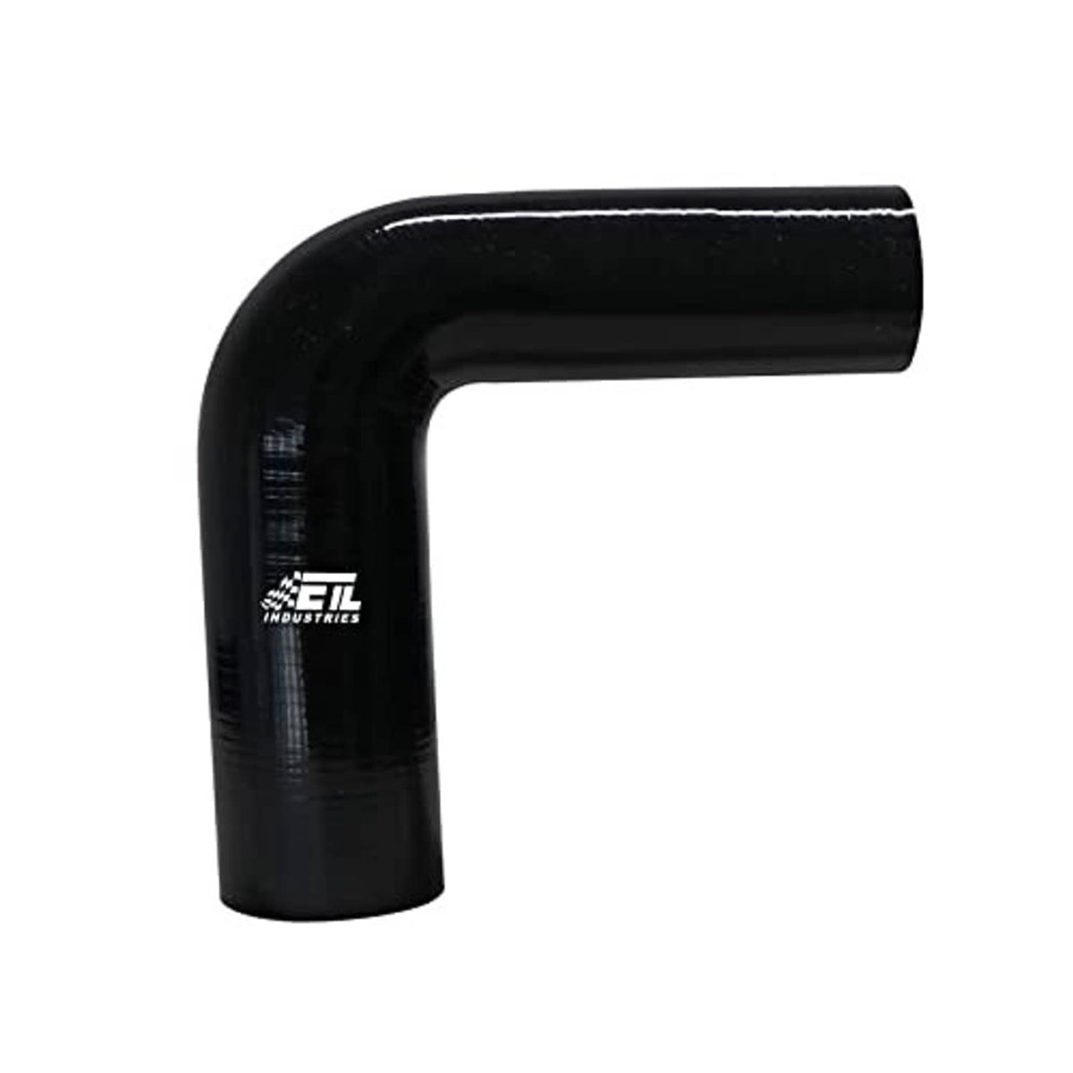 Black 90° silicone reducer hose elbow, smooth bent tube with branding