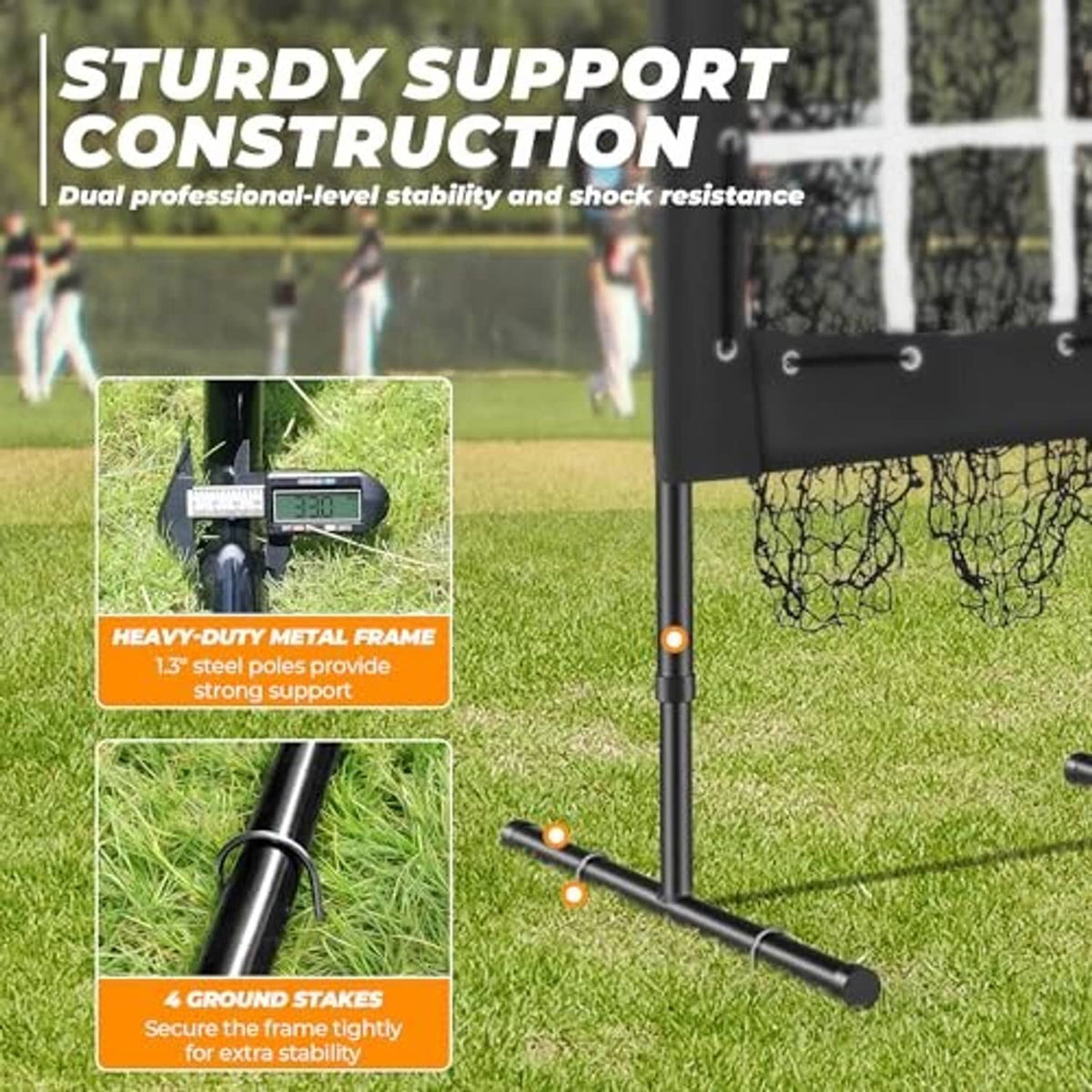 Black pitching net frame with ground stakes on grass, showing reinforced metal supports