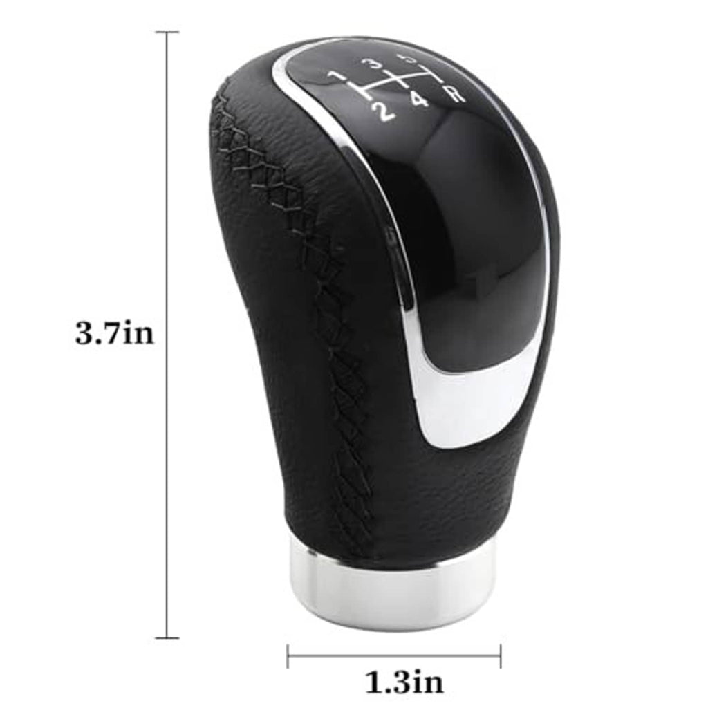 Black leather 5-speed manual shift knob with silver trim, size shown in inches