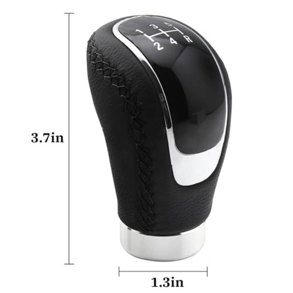 Black leather 5-speed manual shift knob with silver trim, size shown in inches