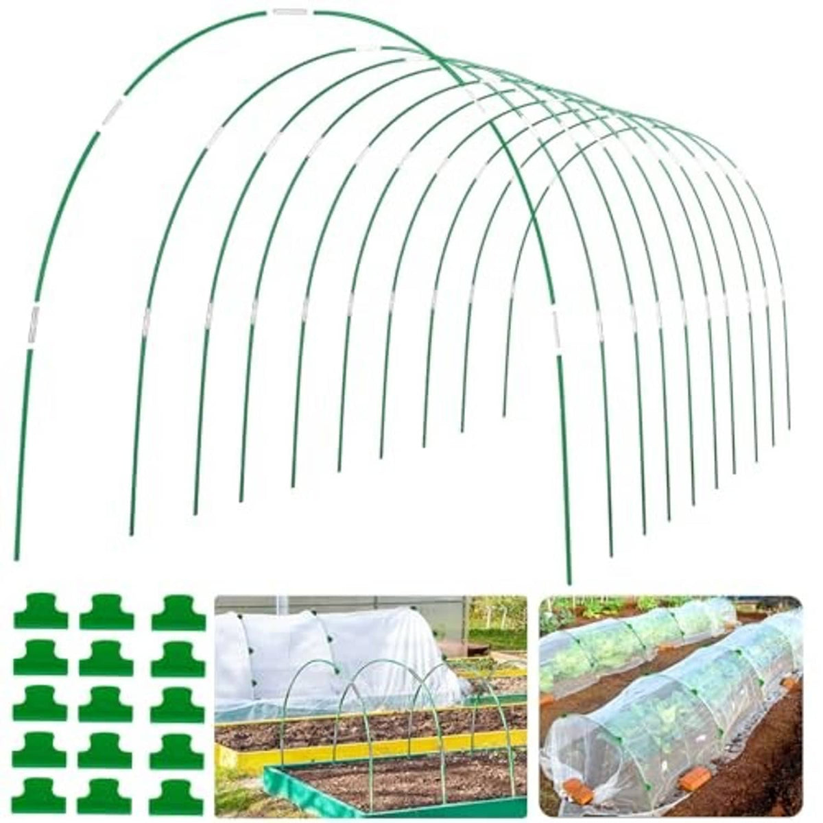 Green greenhouse grow tunnel hoops with plastic clips and connectors, arched rod frame