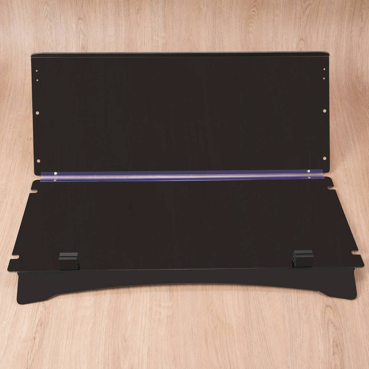Tinted fold-down flip windscreen panel, black with mounting holes and two side legs