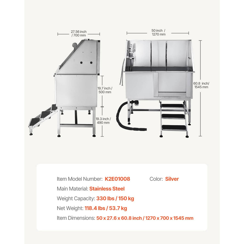 Stainless steel pet grooming tub with right stairs, dimensions diagram view