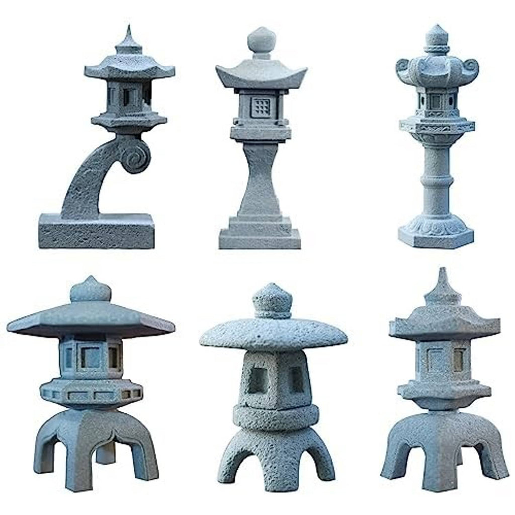 Six-piece miniature stone lantern ornaments, gray, multiple angles