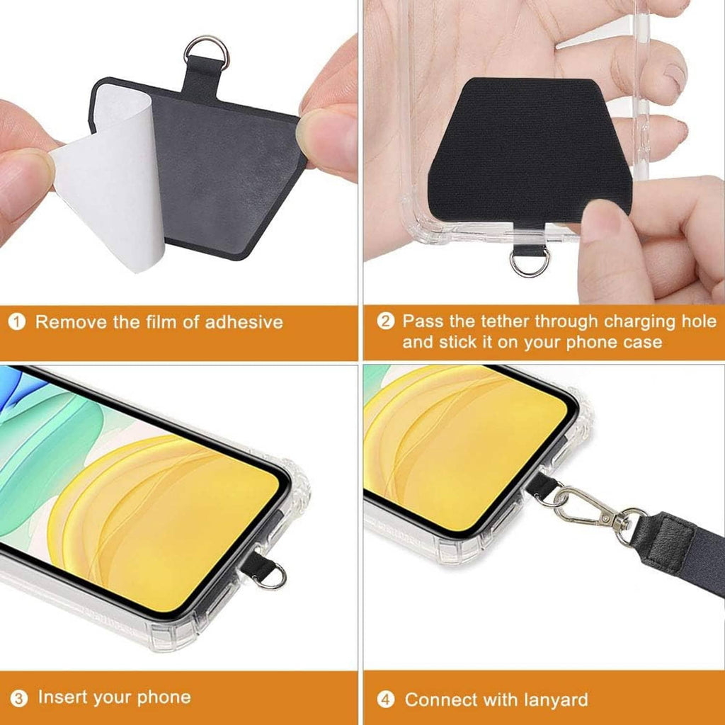 Phone tether tab installation steps with charging-hole attachment and lanyard connection
