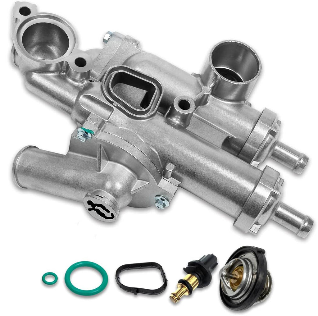 Aluminum thermostat housing assembly with sensor port, hoses, and included seals