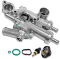 Aluminum thermostat housing assembly with sensor port, hoses, and included seals