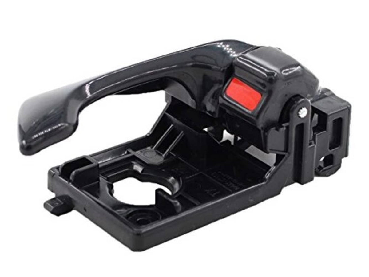 Black inside door handle base with red release button and lever
