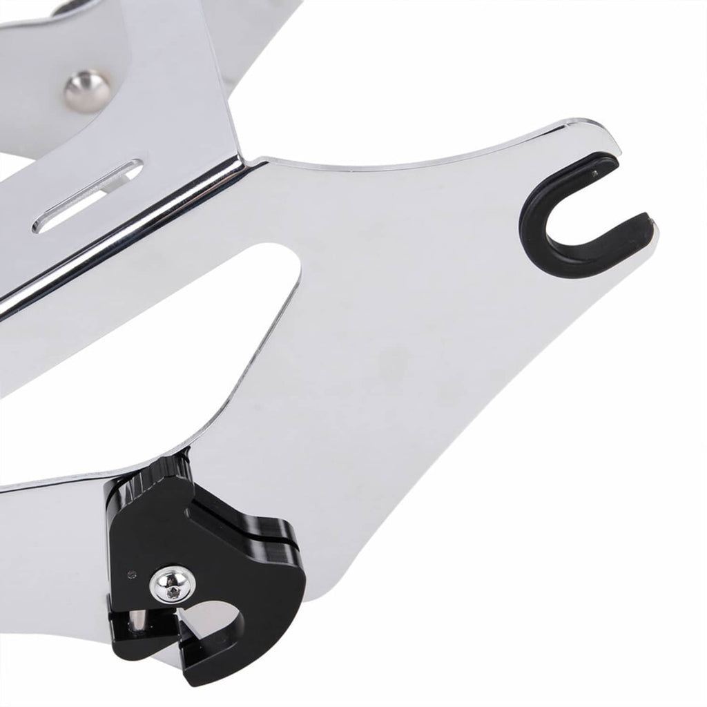Close-up of silver mounting arm with black bracket and silver fastener