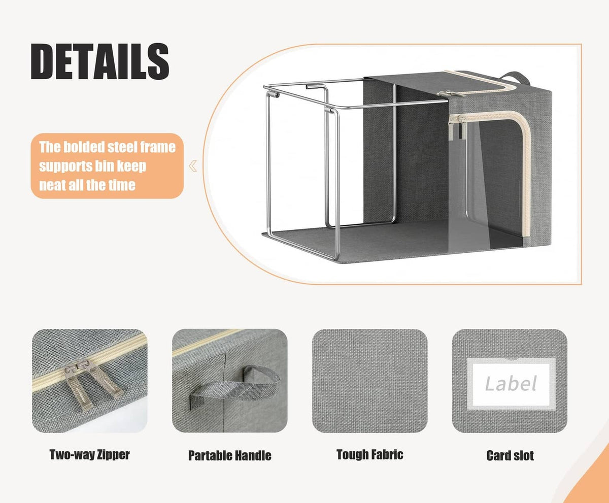 Dark gray clothes storage bin features: two-way zipper, carry handle, card label slot