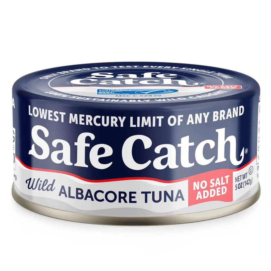Safe Catch wild albacore tuna can, no salt added, lowest mercury limit label