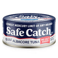 Safe Catch wild albacore tuna can, no salt added, lowest mercury limit label