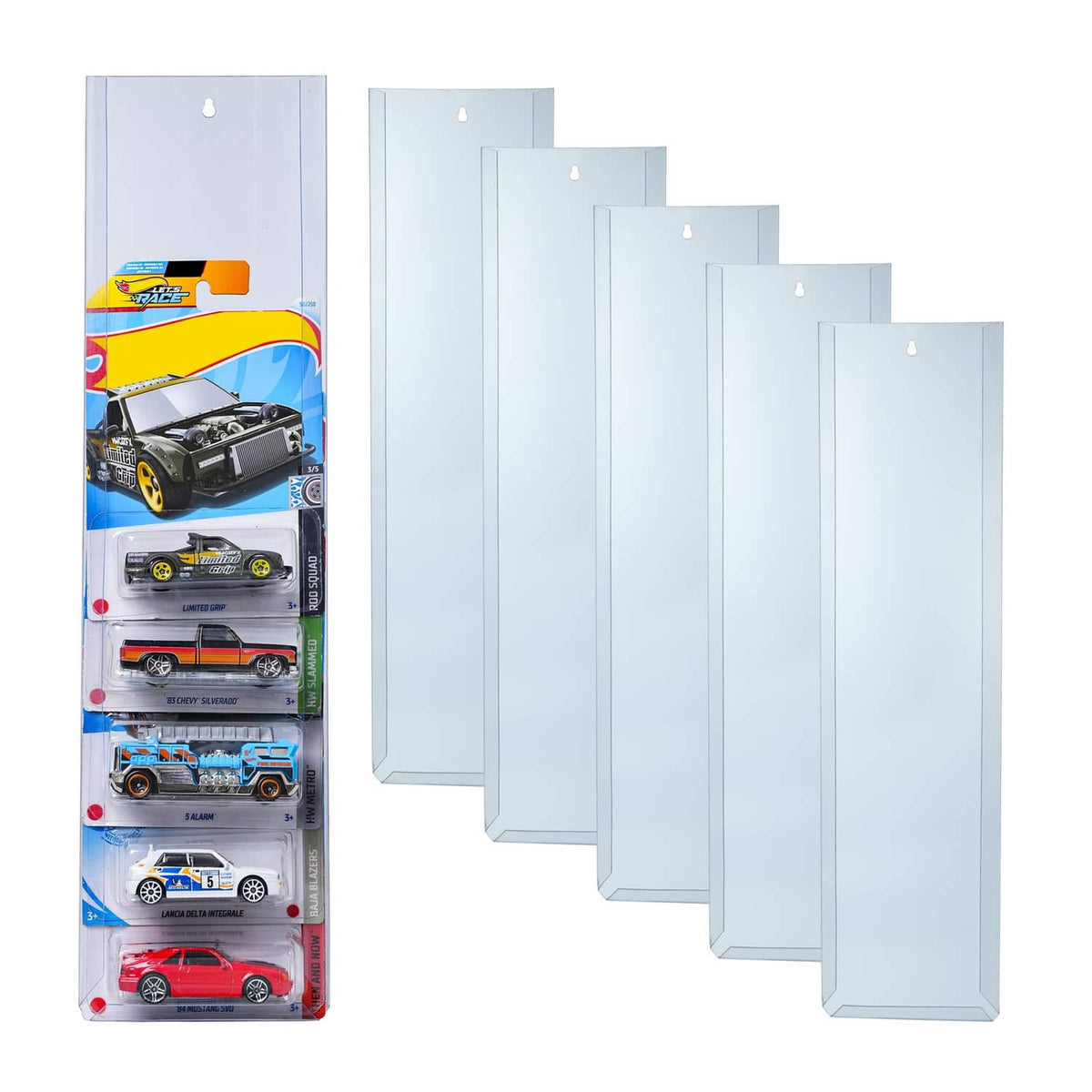 Set of five light-blue transparent diecast display cases for boxed toy cars
