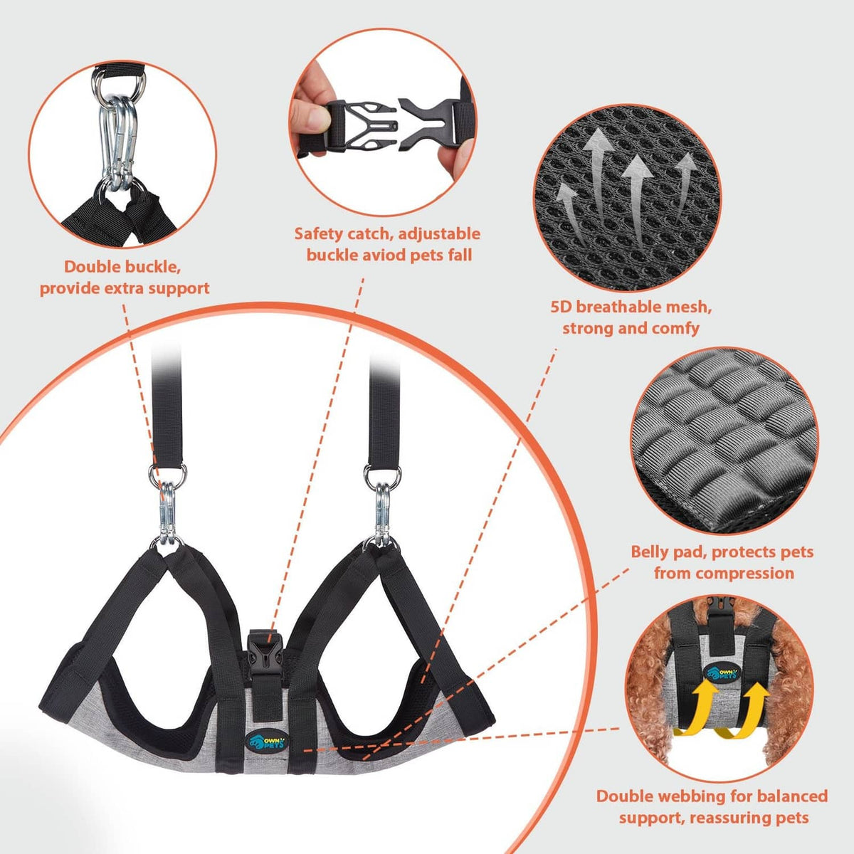 Pet grooming hammock with adjustable webbing straps, double buckles, and metal clips