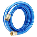 Coiled blue garden hose with brass metal fittings and threaded connector ends