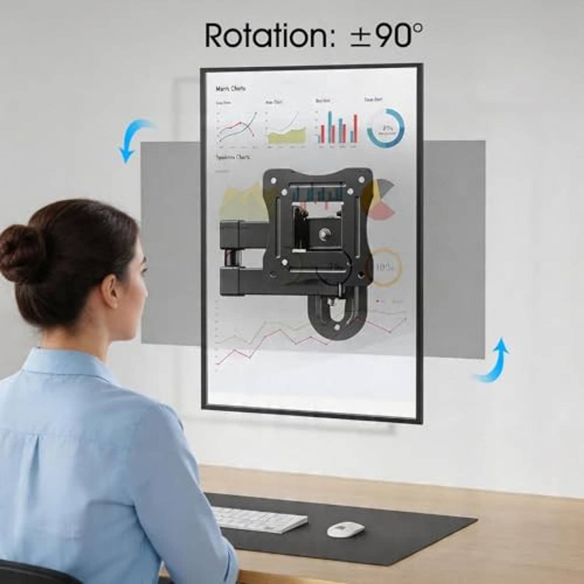 Full motion TV wall mount with mounting bracket and swivel arm mounted on wall